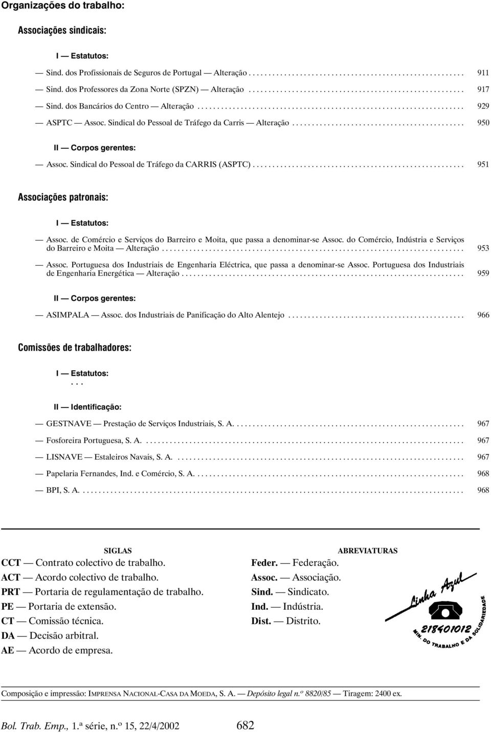 .. 951 Associações patronais: I Estatutos: Assoc. de Comércio e Serviços do Barreiro e Moita, que passa a denominar-se Assoc. do Comércio, Indústria e Serviços do Barreiro e Moita Alteração.