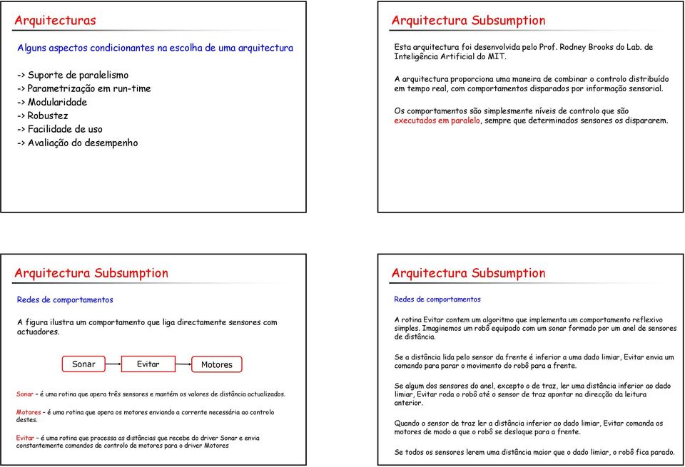 A arquitectura proporciona uma maneira de combinar o controlo distribuído em tempo real, com comportamentos disparados por informação sensorial.