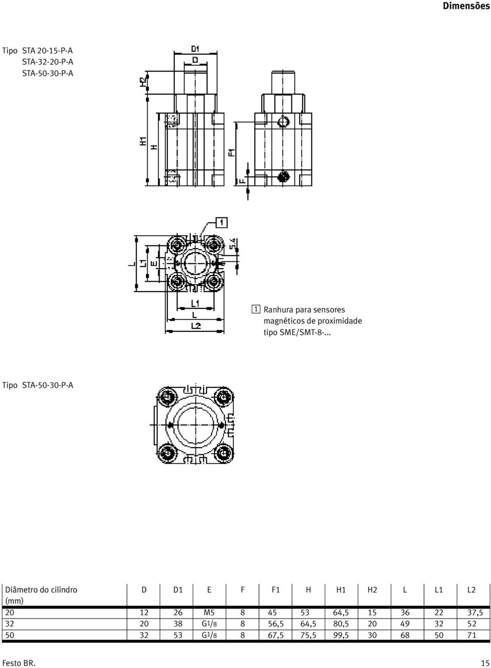 .. Tipo STA-50-30-P-A Diâmetro do cilindro D D1 E F F1 H H1 H2 L L1 L2 (mm) 20 12 26