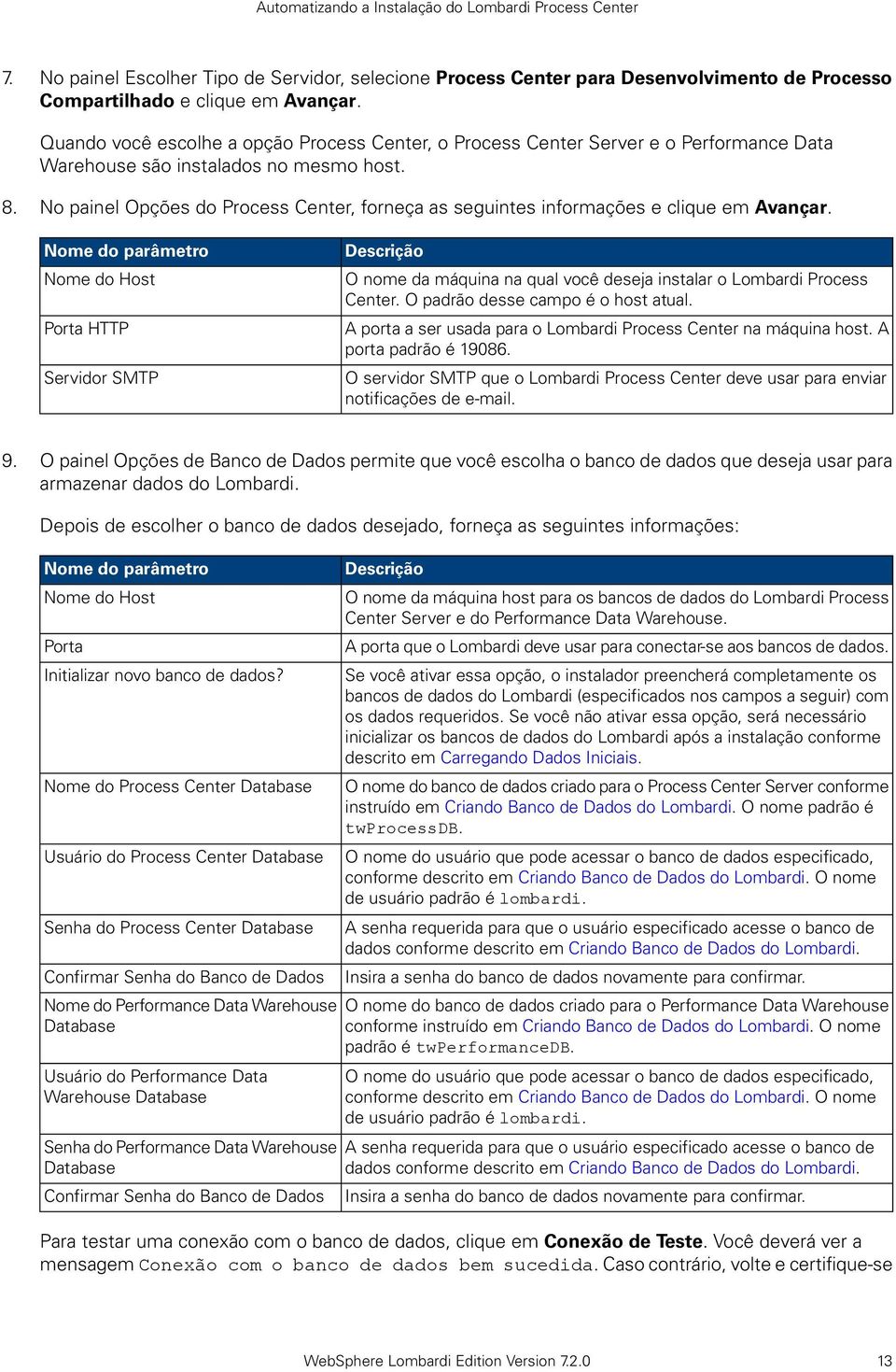 No painel Opções do Process Center, forneça as seguintes informações e clique em Avançar.