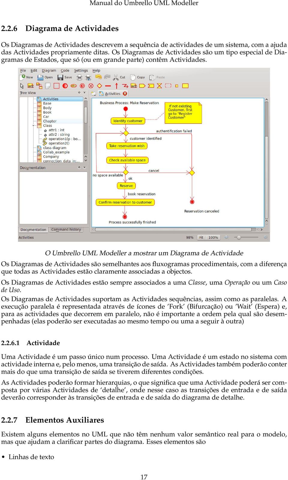 O Umbrello UML Modeller a mostrar um Diagrama de Actividade Os Diagramas de Actividades são semelhantes aos fluxogramas procedimentais, com a diferença que todas as Actividades estão claramente