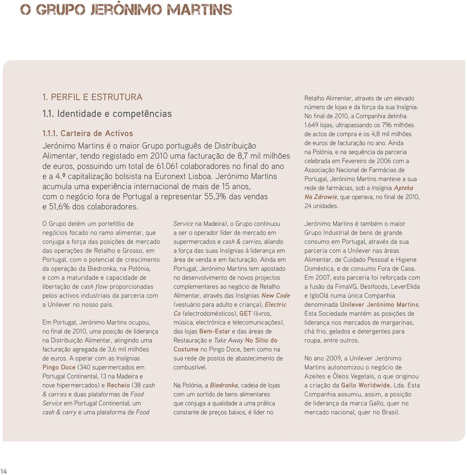 1. Identidade e competências 1.1.1. Carteira de Activos Jerónimo Martins é o maior Grupo português de Distribuição Alimentar, tendo registado em 2010 uma facturação de 8,7 mil milhões de euros, possuindo um total de 61.