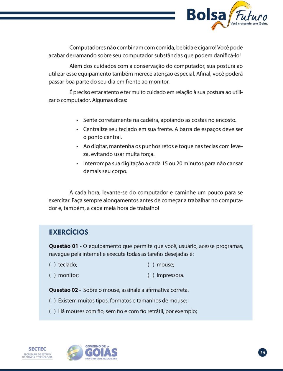 É preciso estar atento e ter muito cuidado em relação à sua postura ao utilizar o computador. Algumas dicas: Sente corretamente na cadeira, apoiando as costas no encosto.