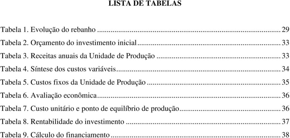 Custos fixos da Unidade de Produção... 35 Tabela 6. Avaliação econômica... 36 Tabela 7.