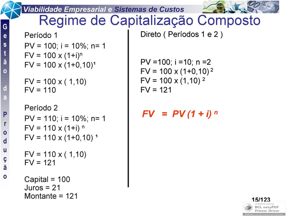 110 x (1+0,10) ¹ FV = 110 x ( 1,10) FV = 121 Cpil = 100 J = 21 Mnn = 121 Di ( í 1 2 ) V