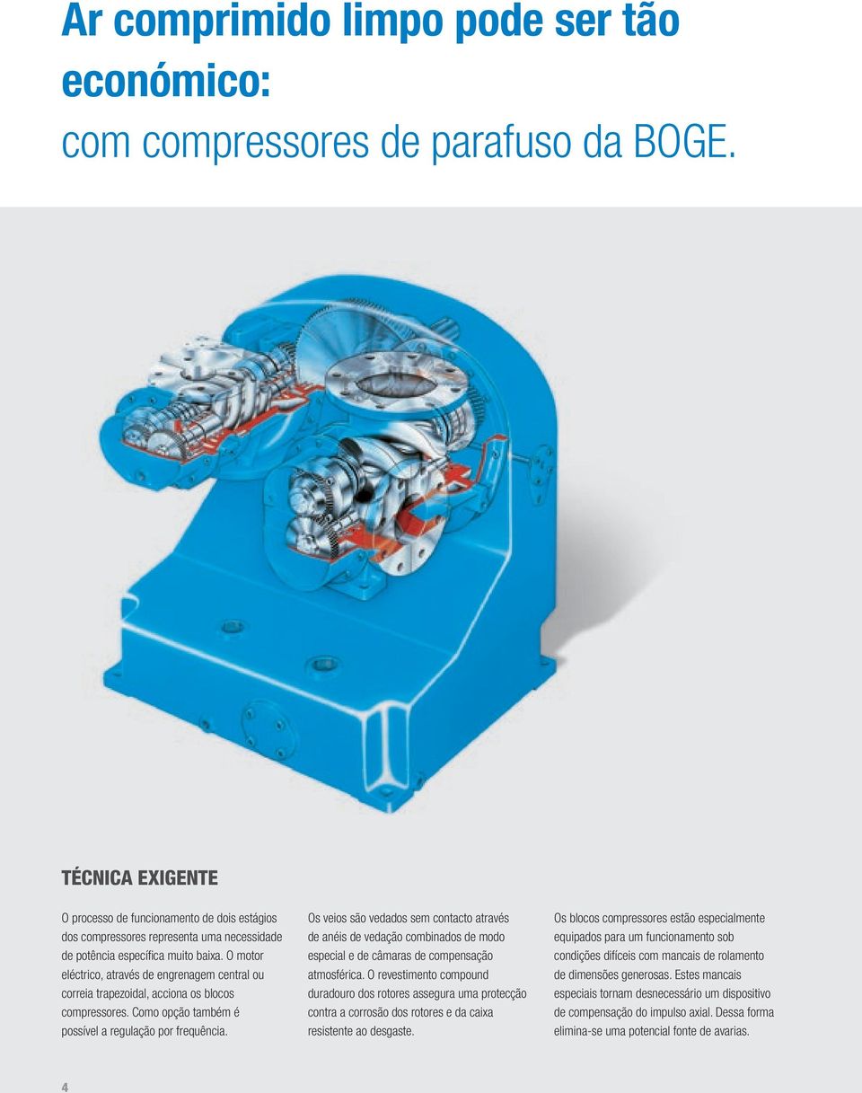 O motor eléctrico, através de engrenagem central ou correia trapezoidal, acciona os blocos compressores. Como opção também é possível a regulação por frequência.