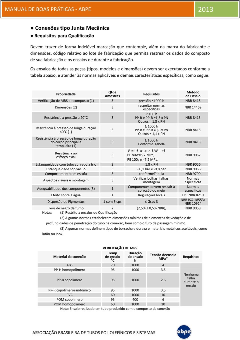 Os ensaios de todas as peças (tipos, modelos e dimensões) devem ser executados conforme a tabela abaixo, e atender às normas aplicáveis e demais características específicas, como segue: Propriedade