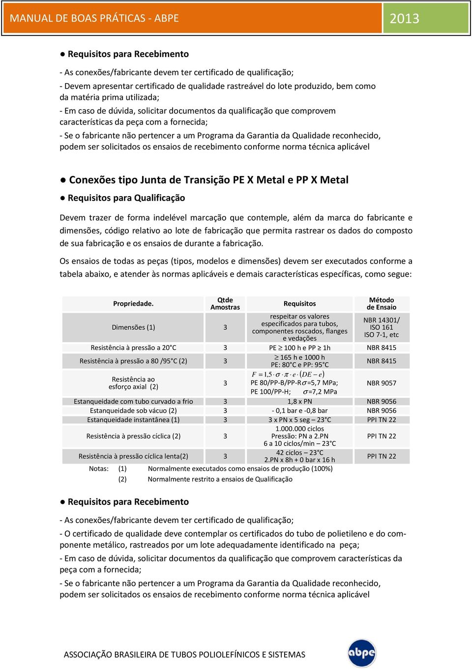 ser solicitados os ensaios de recebimento conforme norma técnica aplicável Conexões tipo Junta de Transição PE X Metal e PP X Metal para Qualificação Devem trazer de forma indelével marcação que