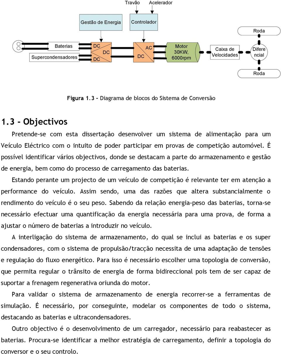 3 - Objectivos Pretende-se com esta dissertação desenvolver um sistema de alimentação para um Veículo Eléctrico com o intuito de poder participar em provas de competição automóvel.