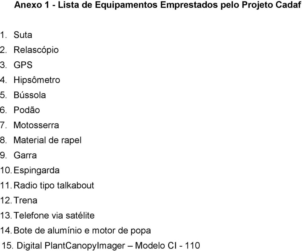 Material de rapel 9. Garra 10. Espingarda 11.Radio tipo talkabout 12. Trena 13.