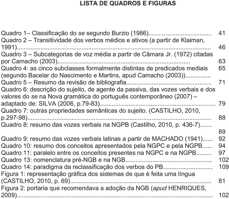 .. 63 Quadro 4: as cinco subclasses formalmente distintas de predicados mediais 65 (segundo Bacelar do Nascimento e Martins, apud Camacho (2003))... Quadro 5 Resumo da revisão de bibliografia.