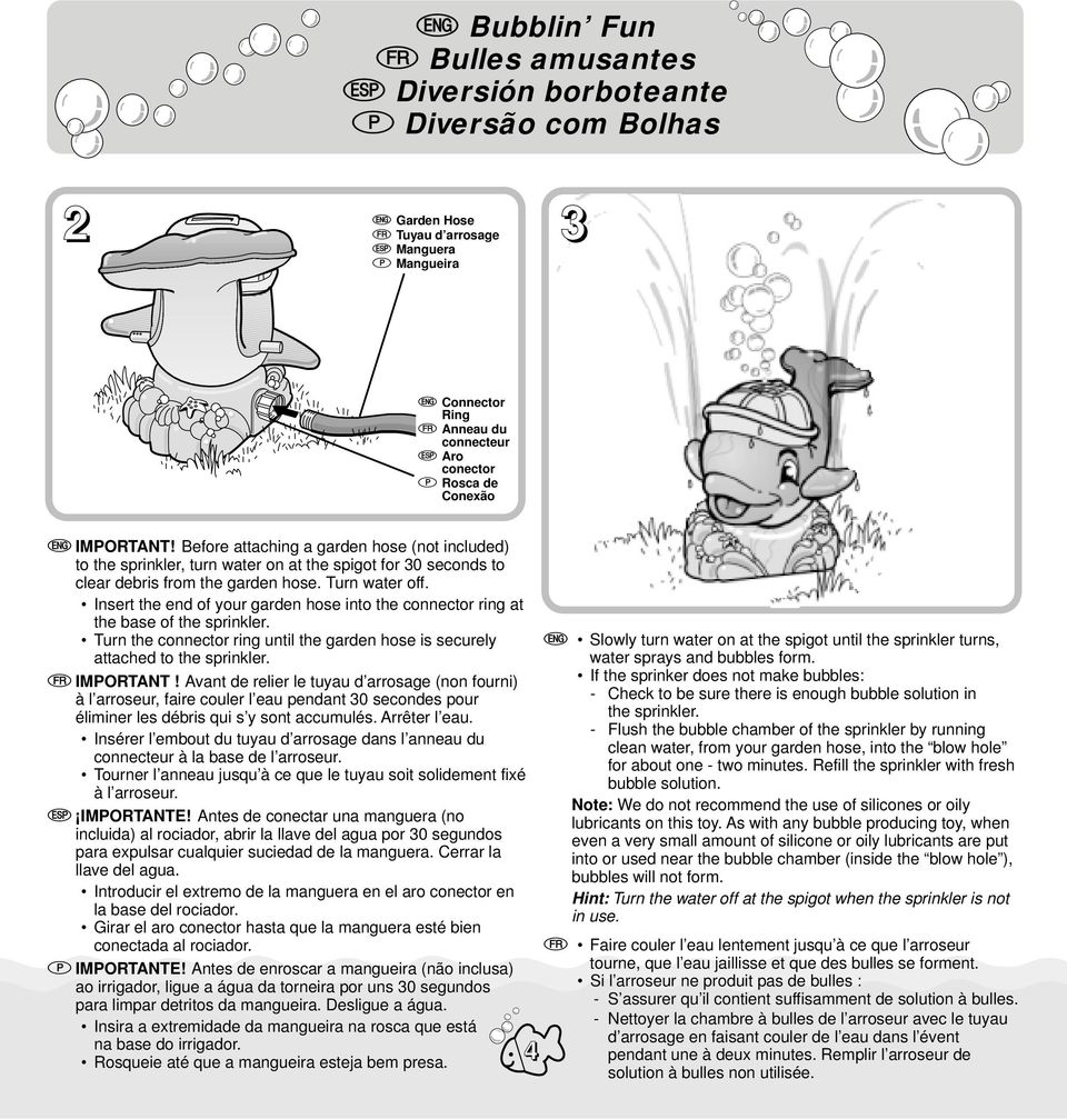 Insert the end of your garden hose into the connector ring at the base of the sprinkler. Turn the connector ring until the garden hose is securely attached to the sprinkler. f IMPORTANT!