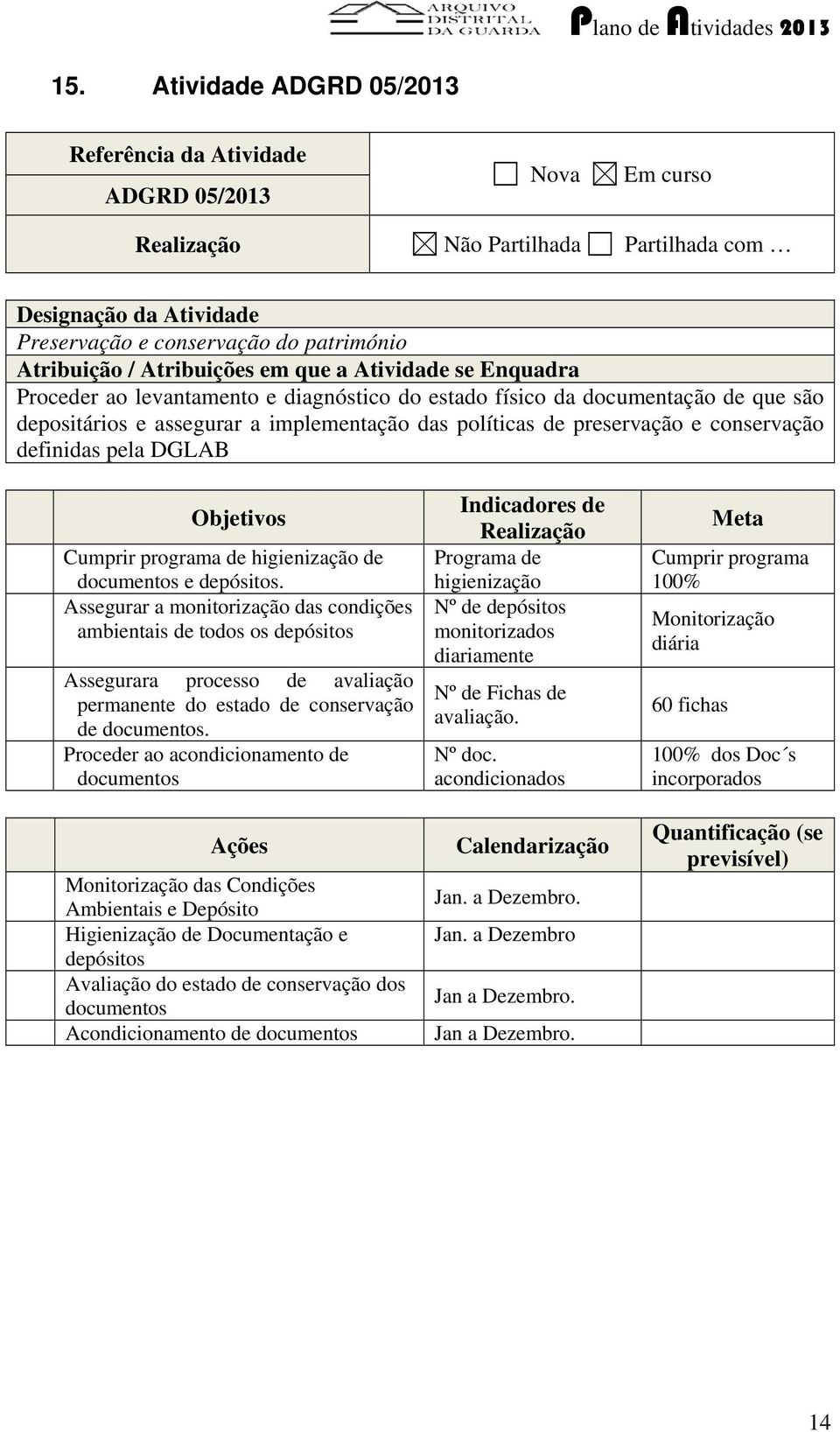 conservação definidas pela DGLAB Objetivos Cumprir programa de higienização de documentos e depósitos.