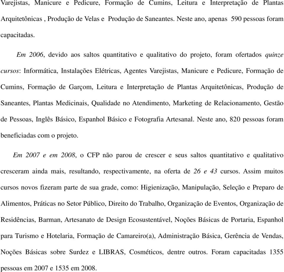 Formação de Garçom, Leitura e Interpretação de Plantas Arquitetônicas, Produção de Saneantes, Plantas Medicinais, Qualidade no Atendimento, Marketing de Relacionamento, Gestão de Pessoas, Inglês