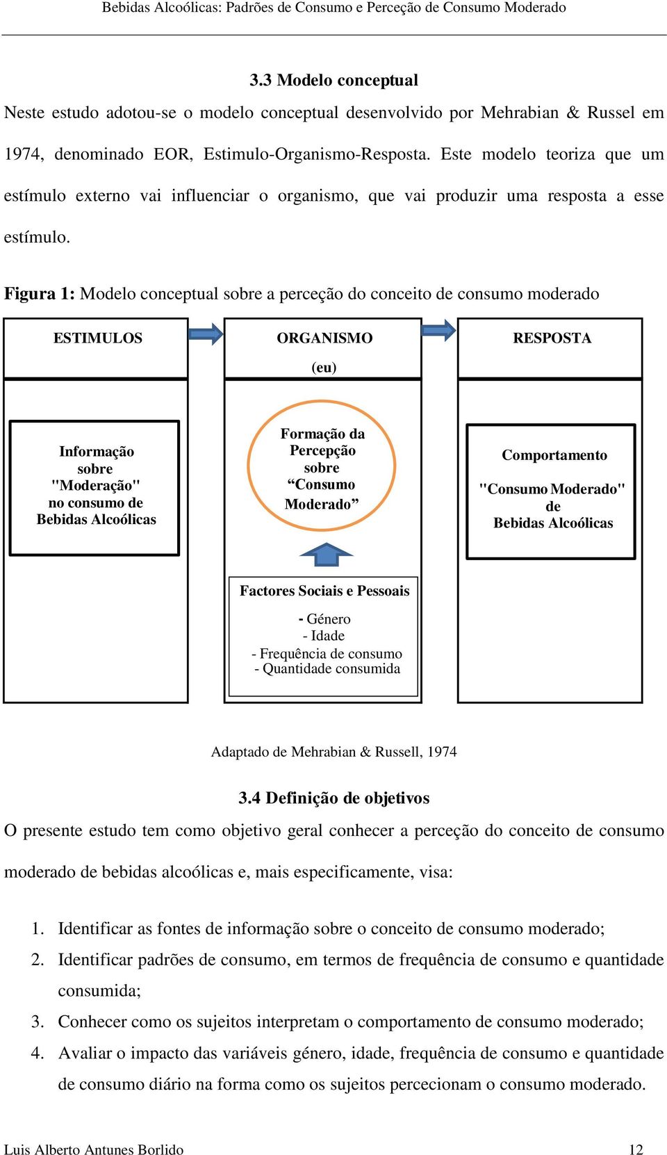 Figura 1: Modelo conceptual sobre a perceção do conceito de consumo moderado ESTIMULOS ORGANISMO RESPOSTA (eu) Informação sobre "Moderação" no consumo de Bebidas Alcoólicas Formação da Percepção