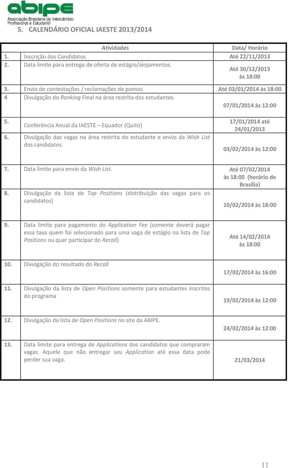 Conferência Anual da IAESTE Equador (Quito) 6. Divulgação das vagas na área restrita do estudante e envio da Wish List dos candidatos. 17/01/2014 até 24/01/2013 03/02/2014 às 12:00 7.