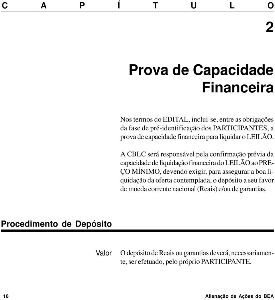 A CBLC será responsável pela confirmação prévia da capacidade de liquidação financeira do LEILÃO ao PRE- ÇO MÍNIMO, devendo exigir, para assegurar a boa