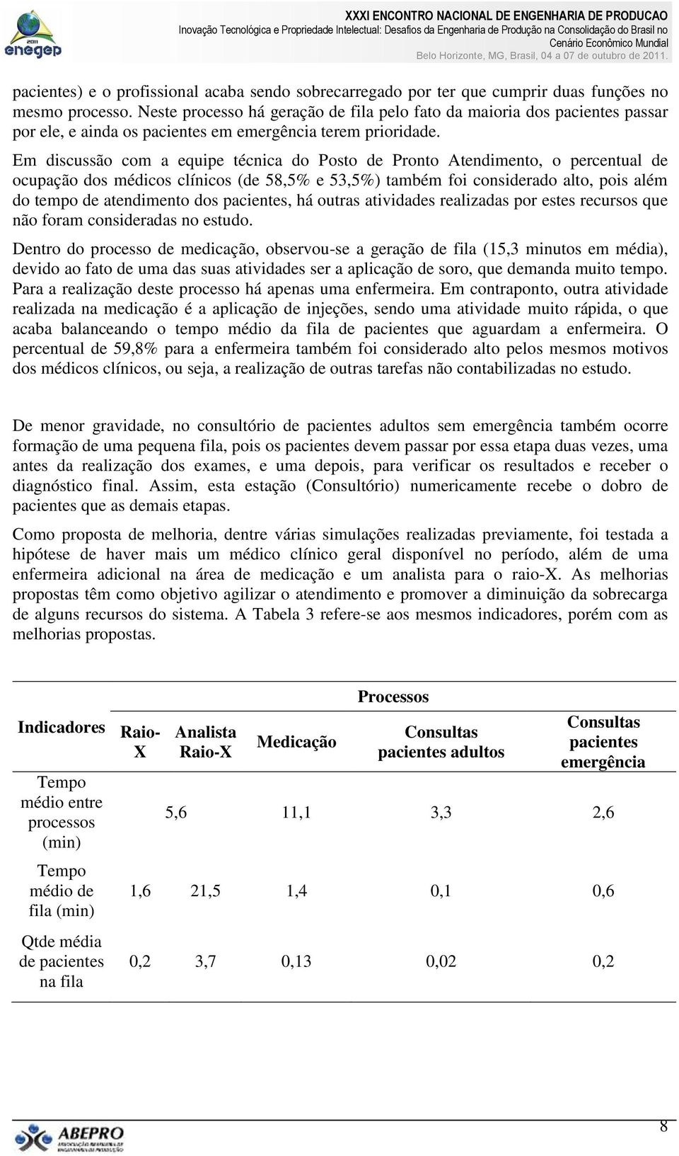 Em discussão com a equipe técnica do Posto de Pronto Atendimento, o percentual de ocupação dos médicos clínicos (de 58,5% e 53,5%) também foi considerado alto, pois além do tempo de atendimento dos