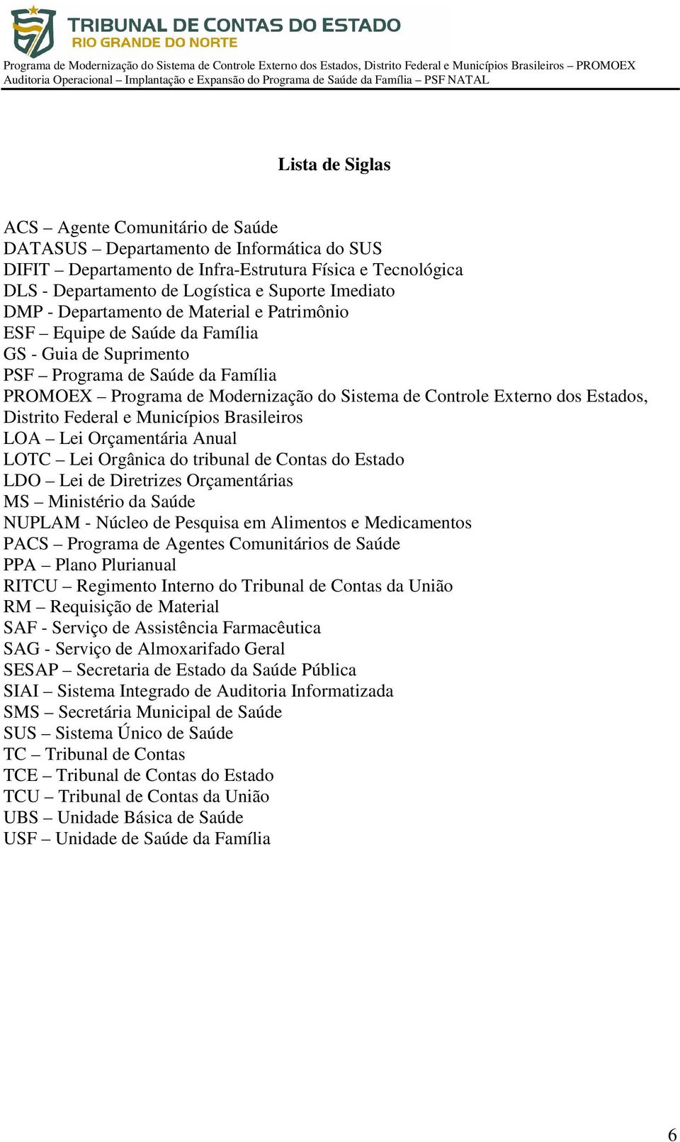 Externo dos Estados, Distrito Federal e Municípios Brasileiros LOA Lei Orçamentária Anual LOTC Lei Orgânica do tribunal de Contas do Estado LDO Lei de Diretrizes Orçamentárias MS Ministério da Saúde