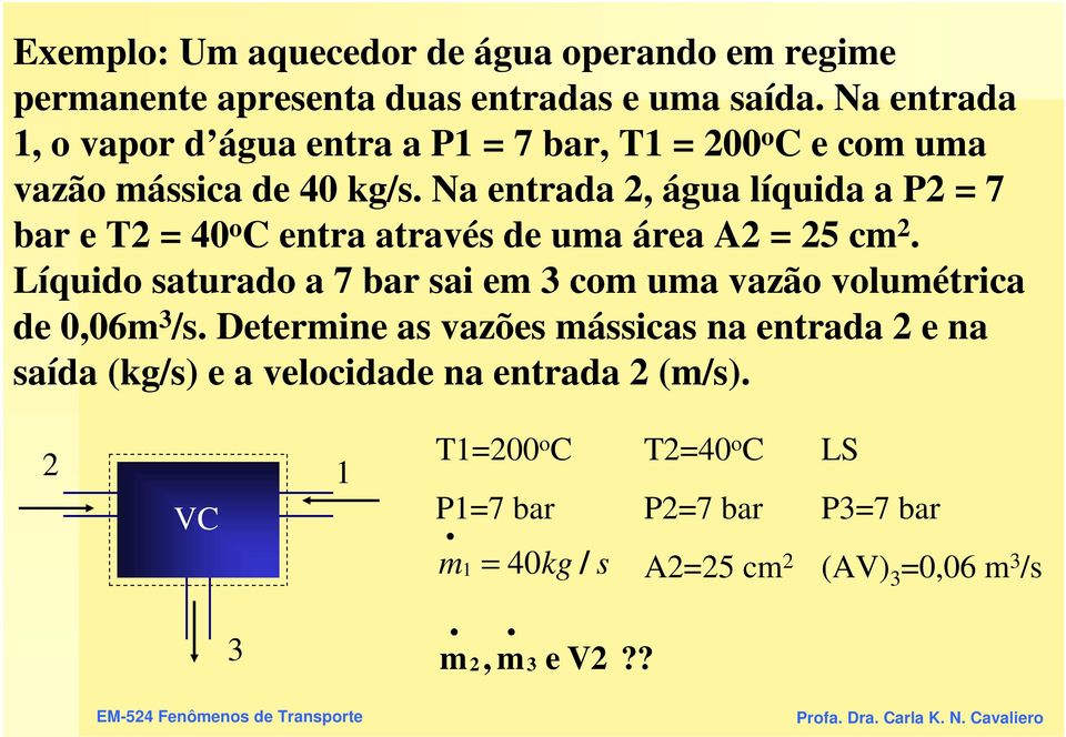 Na entrada 2, água líquida a P2 = 7 bar e T2 = 40 o C entra atravé de uma área A2 = 25 cm 2.