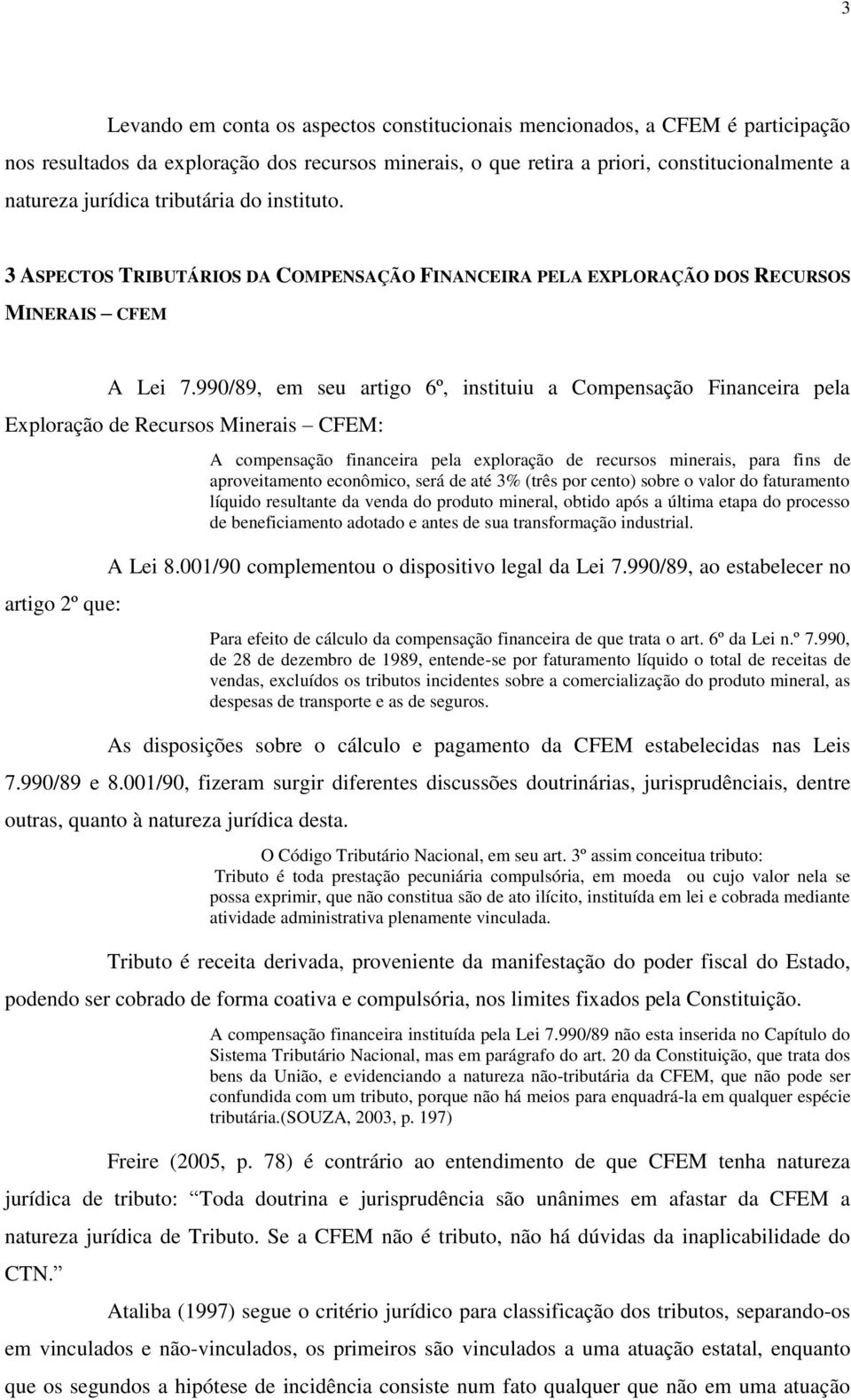 990/89, em seu artigo 6º, instituiu a Compensação Financeira pela Exploração de Recursos Minerais CFEM: artigo 2º que: A compensação financeira pela exploração de recursos minerais, para fins de