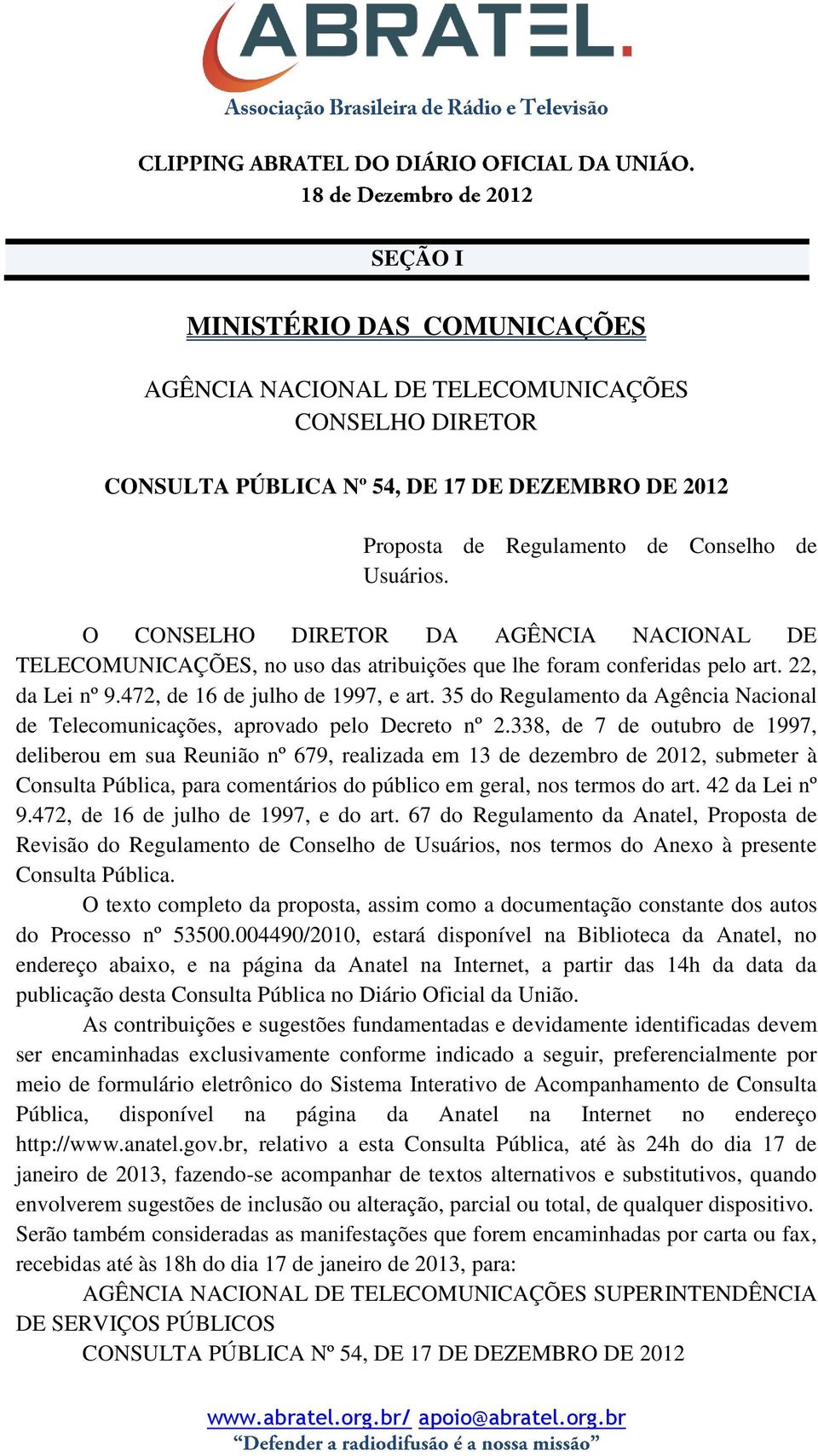 35 do Regulamento da Agência Nacional de Telecomunicações, aprovado pelo Decreto nº 2.