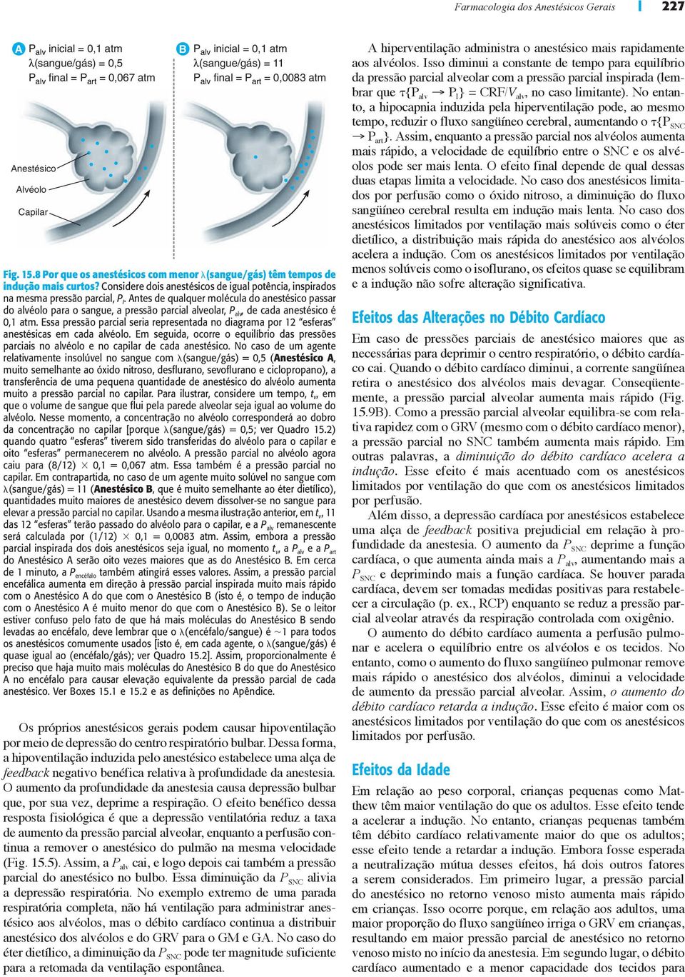 Antes de qualquer molécula do anestésico passar do alvéolo para o sangue, a pressão parcial alveolar, P alv, de cada anestésico é 0,1 atm.