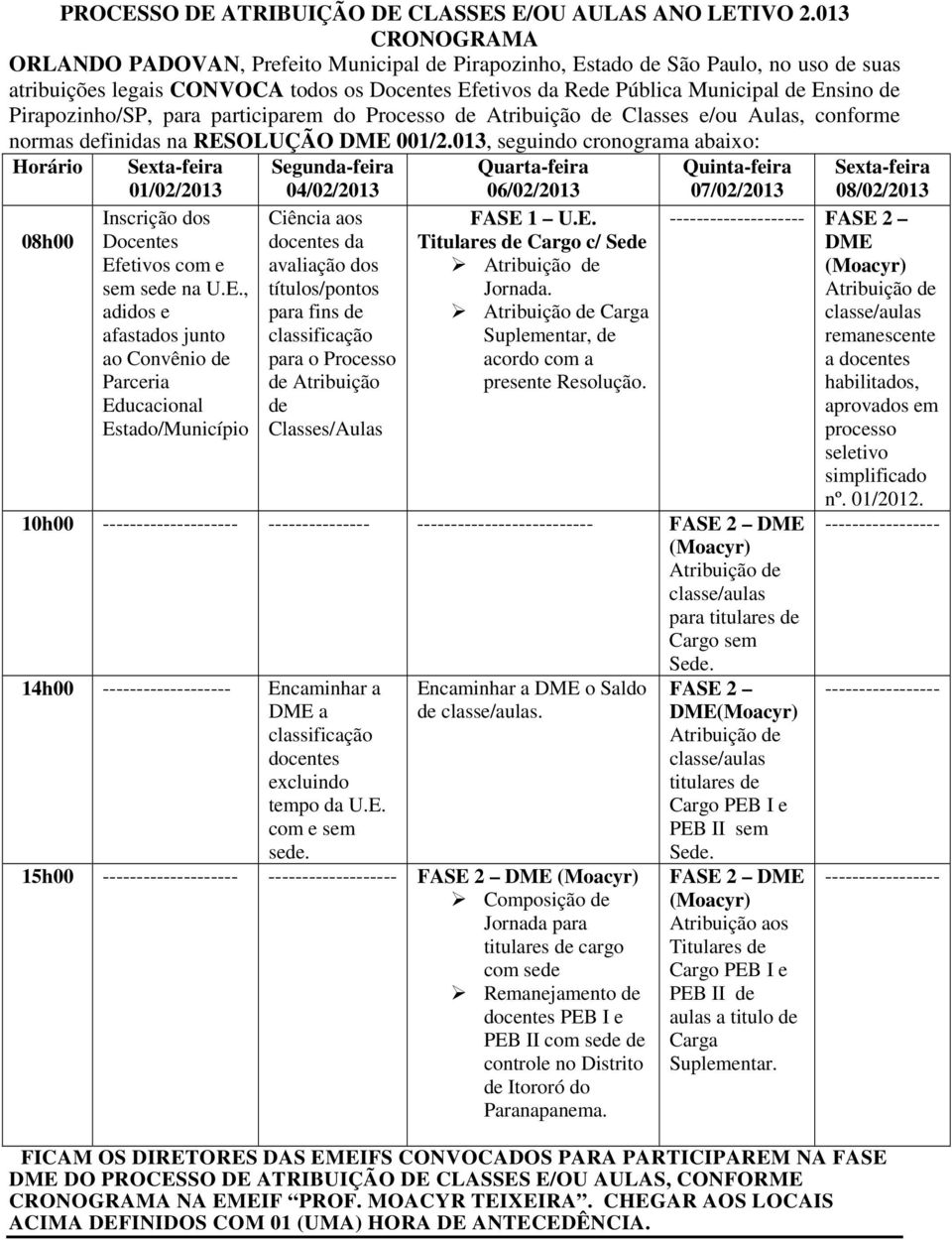 Pirapozinho/SP, para participarem do Processo de Atribuição de Classes e/ou Aulas, conforme normas definidas na RESOLUÇÃO DME 001/2.