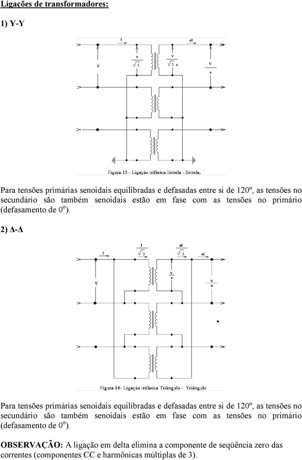 2) Δ-Δ Para tensões primárias senoidais equilibradas e defasadas entre si de 120º, as tensões no  OBSERVAÇÃO: A ligação em delta