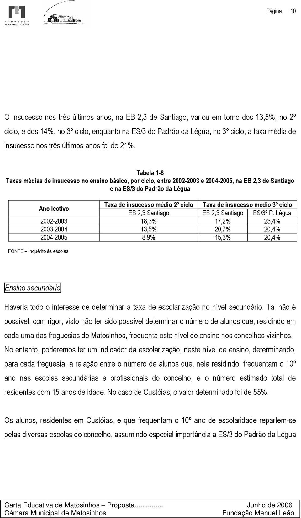 Tabela 1-8 Taxas médias de insucesso no ensino básico, por ciclo, entre 2002-2003 e 2004-2005, na EB 2,3 de Santiago e na ES/3 do Padrão da Légua Ano lectivo Taxa de insucesso médio 2º ciclo Taxa de