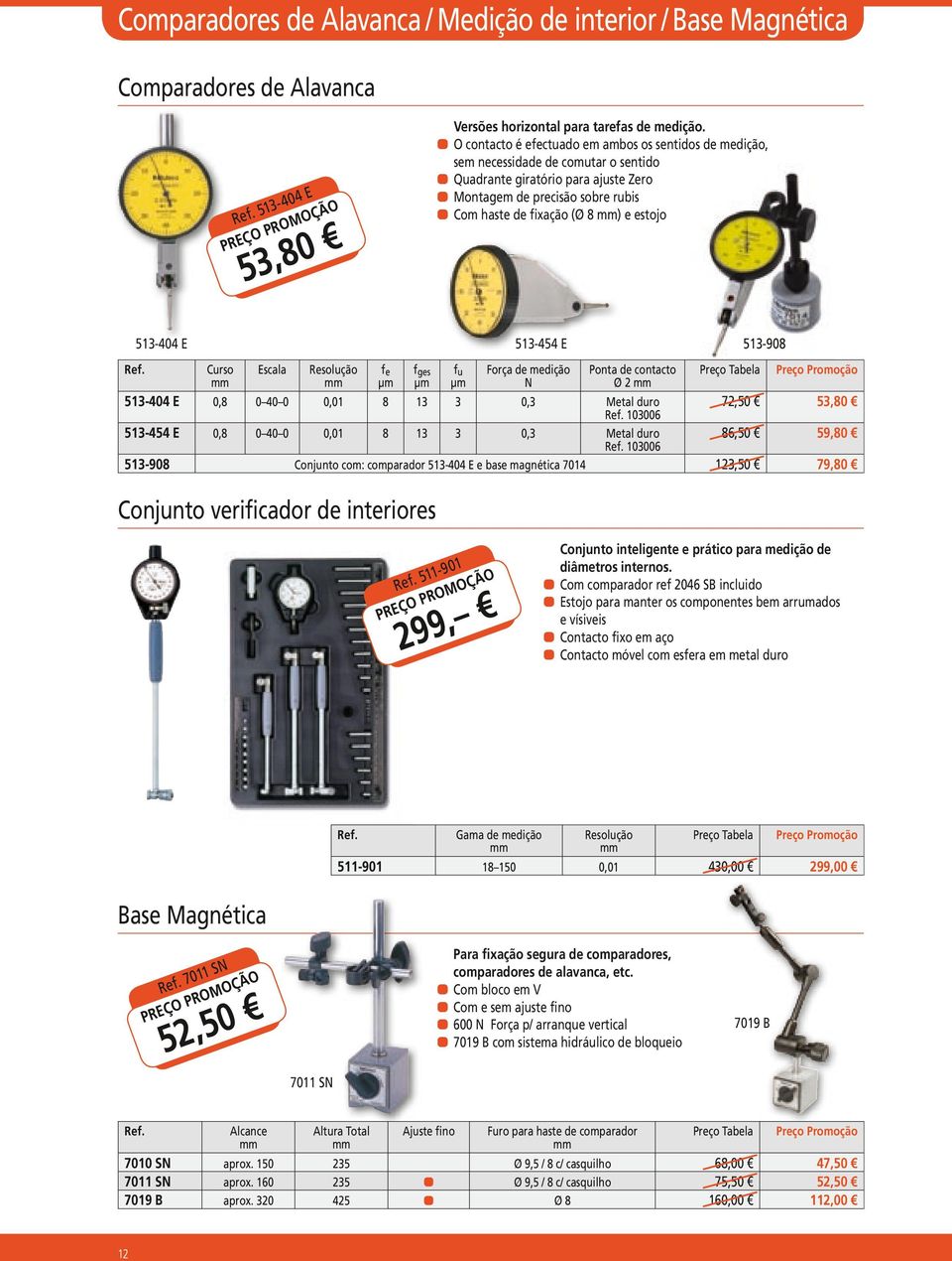 e estojo 513-404 E 513-454 E 513-908 Curso Escala fe µm fges µm Conjunto verificador de interiores fu µm Força de medição N Ponta de contacto Ø 2 513-404 E 0,8 0 40 0 0,01 8 13 3 0,3 Metal duro 72,50