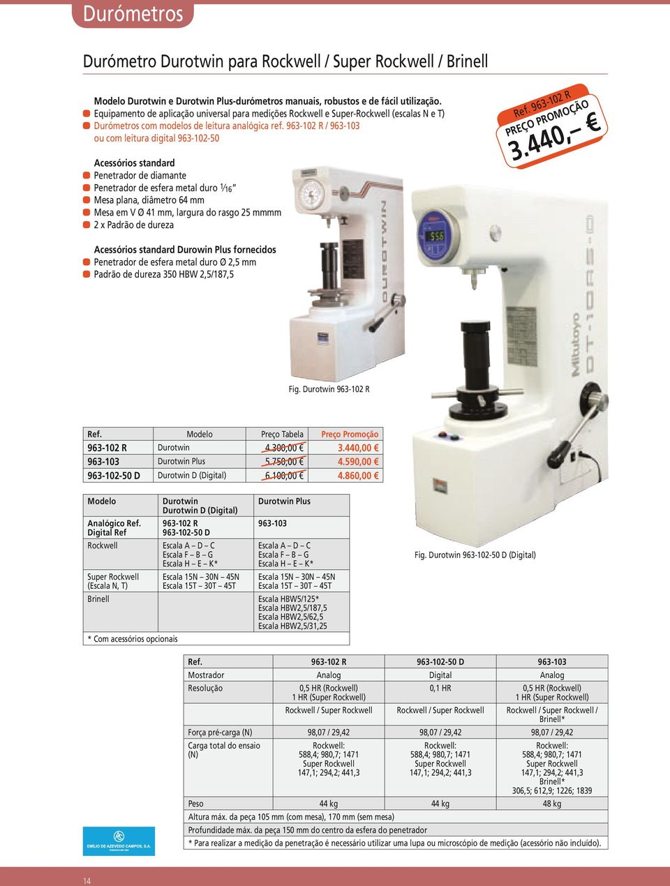 963-102 R / 963-103 ou com leitura digital 963-102-50 Acessórios standard aapenetrador de diamante aapenetrador de esfera metal duro 1 16 aamesa plana, diâmetro 64 aamesa em V Ø 41, largura do rasgo