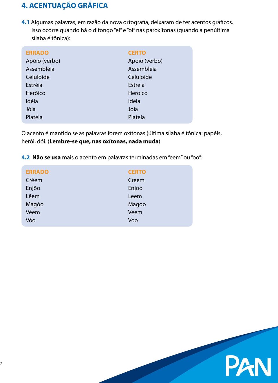 Jóia Platéia Apoio (verbo) Assembleia Celuloide Estreia Heroico Ideia Joia Plateia O acento é mantido se as palavras forem oxítonas (última sílaba é