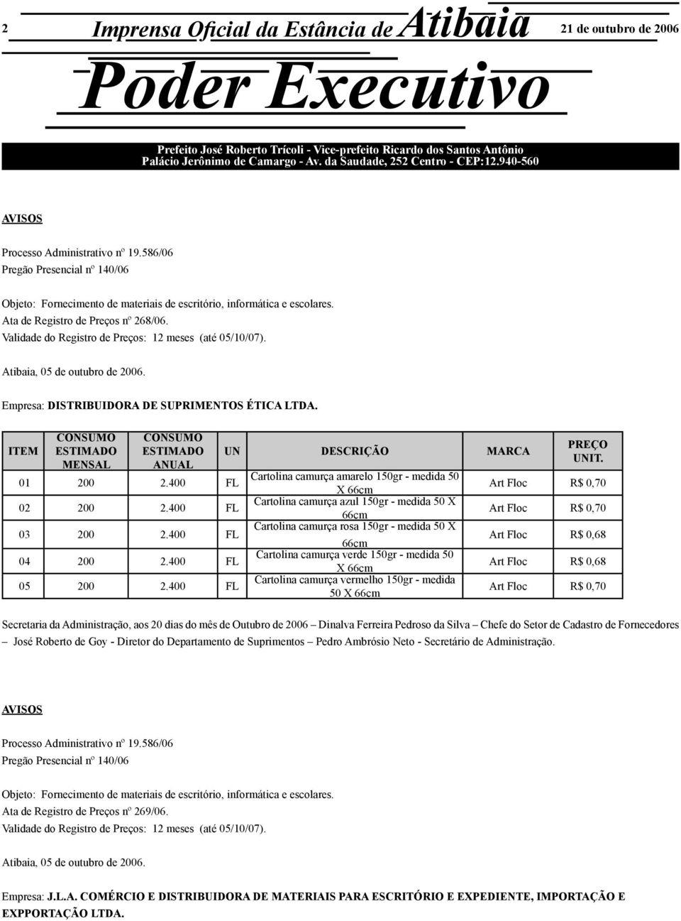 Ata de Registro de Preços nº 268/06. Validade do Registro de Preços: 12 meses (até 05/10/07). Atibaia, 05 de outubro de 2006. Empresa: DISTRIBUIDORA DE SUPRIMENTOS ÉTICA LTDA.