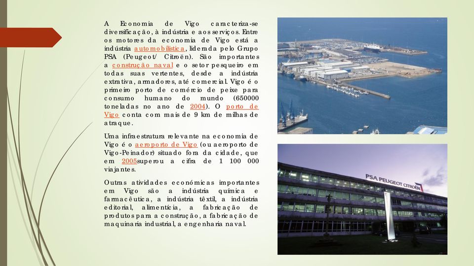 Vigo é o primeiro porto de comércio de peixe para consumo humano do mundo (650000 toneladas no ano de 2004). O porto de Vigo conta com mais de 9 km de milhas de atraque.