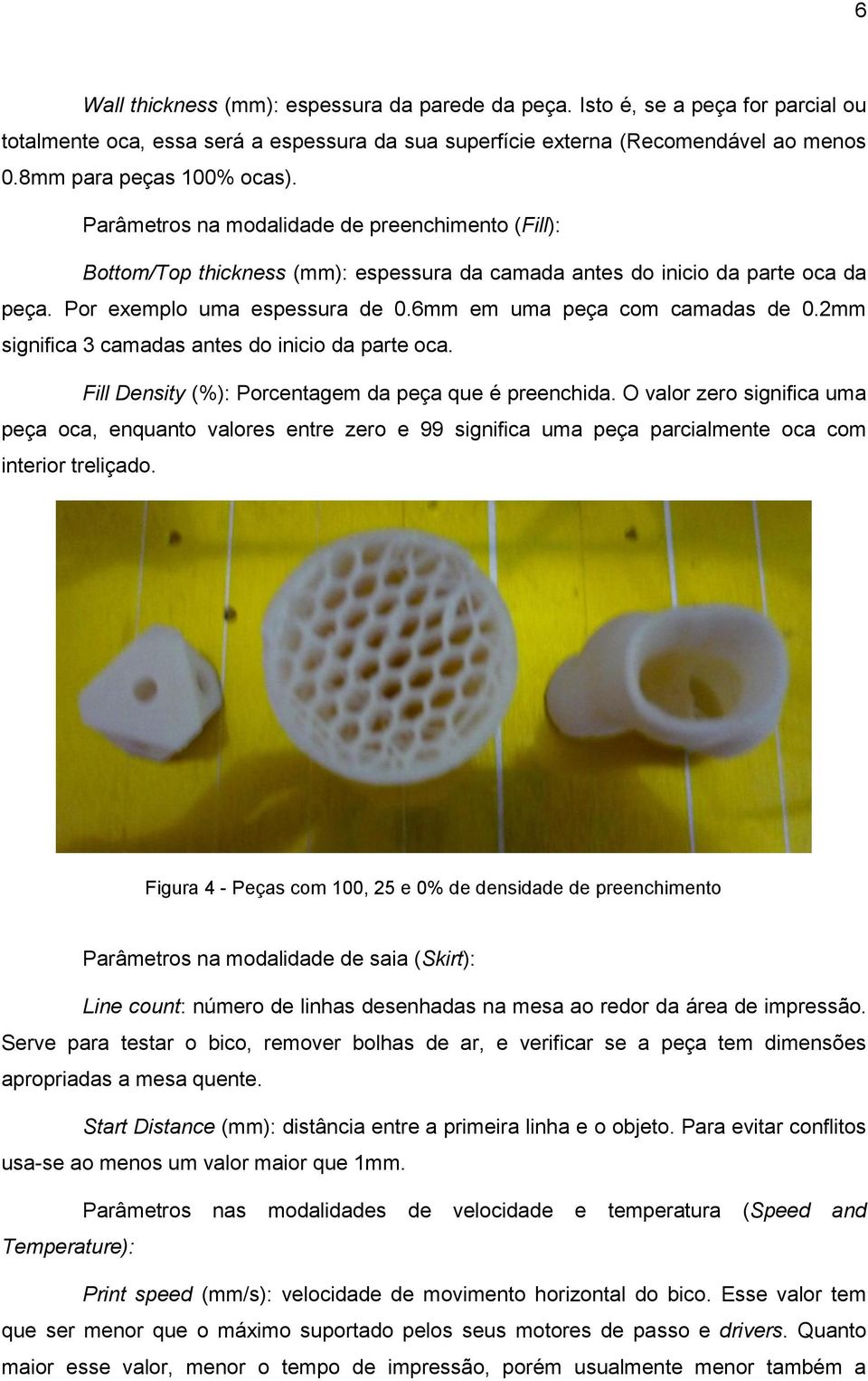 2mm significa 3 camadas antes do inicio da parte oca. Fill Density (%): Porcentagem da peça que é preenchida.