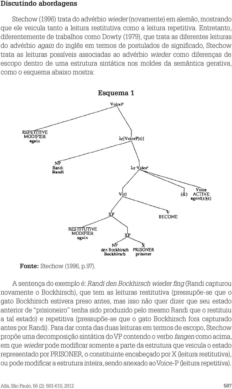 associadas ao advérbio wieder como diferenças de escopo dentro de uma estrutura sintática nos moldes da semântica gerativa, como o esquema abaixo mostra: Esquema 1 Fonte: Stechow (1996, p.97).