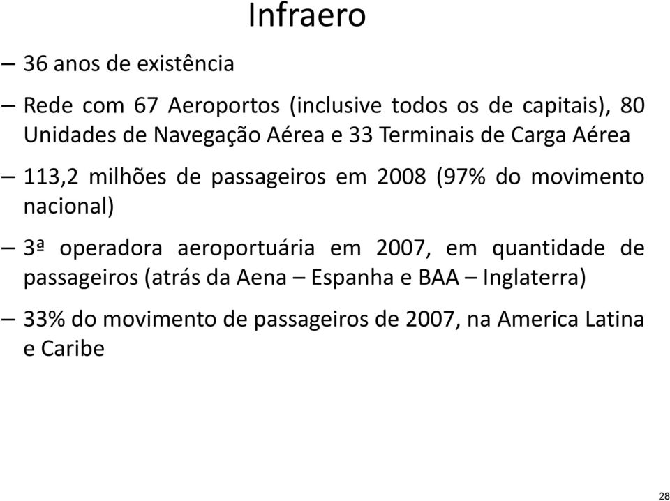 (97% do movimento nacional) 3ª operadora aeroportuária em 2007, em quantidade de passageiros
