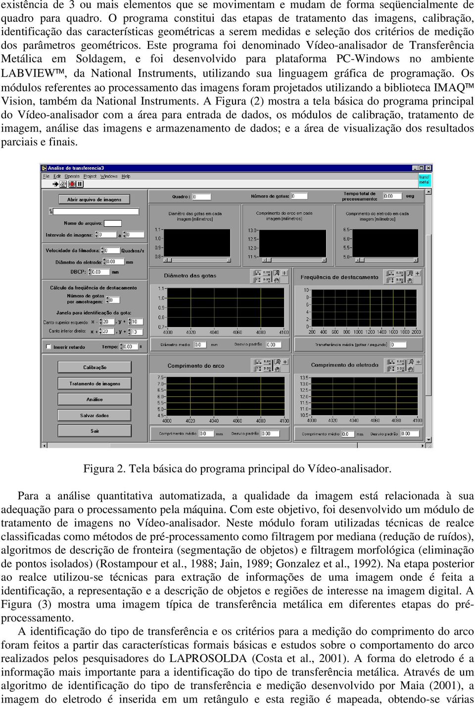 Este programa foi denominado Vídeo-analisador de Transferência Metálica em Soldagem, e foi desenvolvido para plataforma PC-Windows no ambiente LABVIEW, da National Instruments, utilizando sua