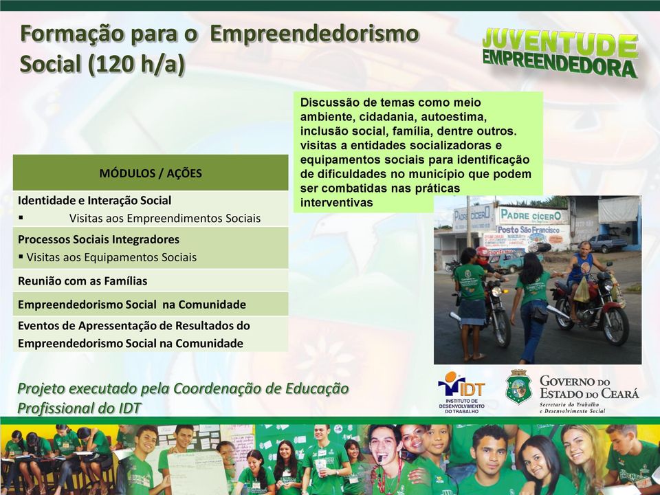 Empreendedorismo Social na Comunidade Discussão de temas como meio ambiente, cidadania, autoestima, inclusão social, família, dentre outros.