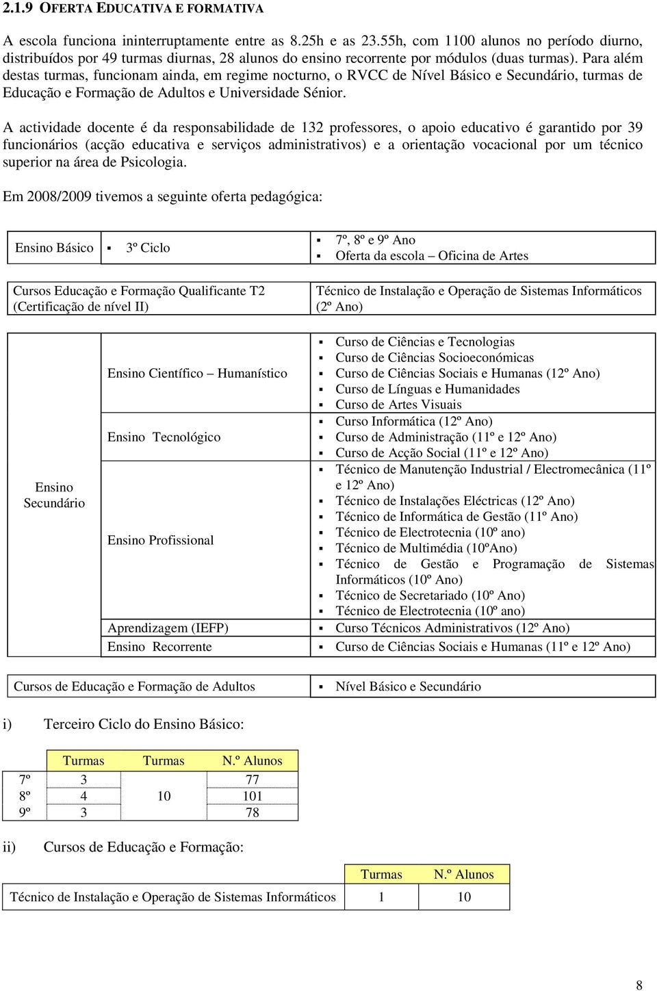 Para além destas turmas, funcionam ainda, em regime nocturno, o RVCC de Nível Básico e Secundário, turmas de Educação e Formação de Adultos e Universidade Sénior.