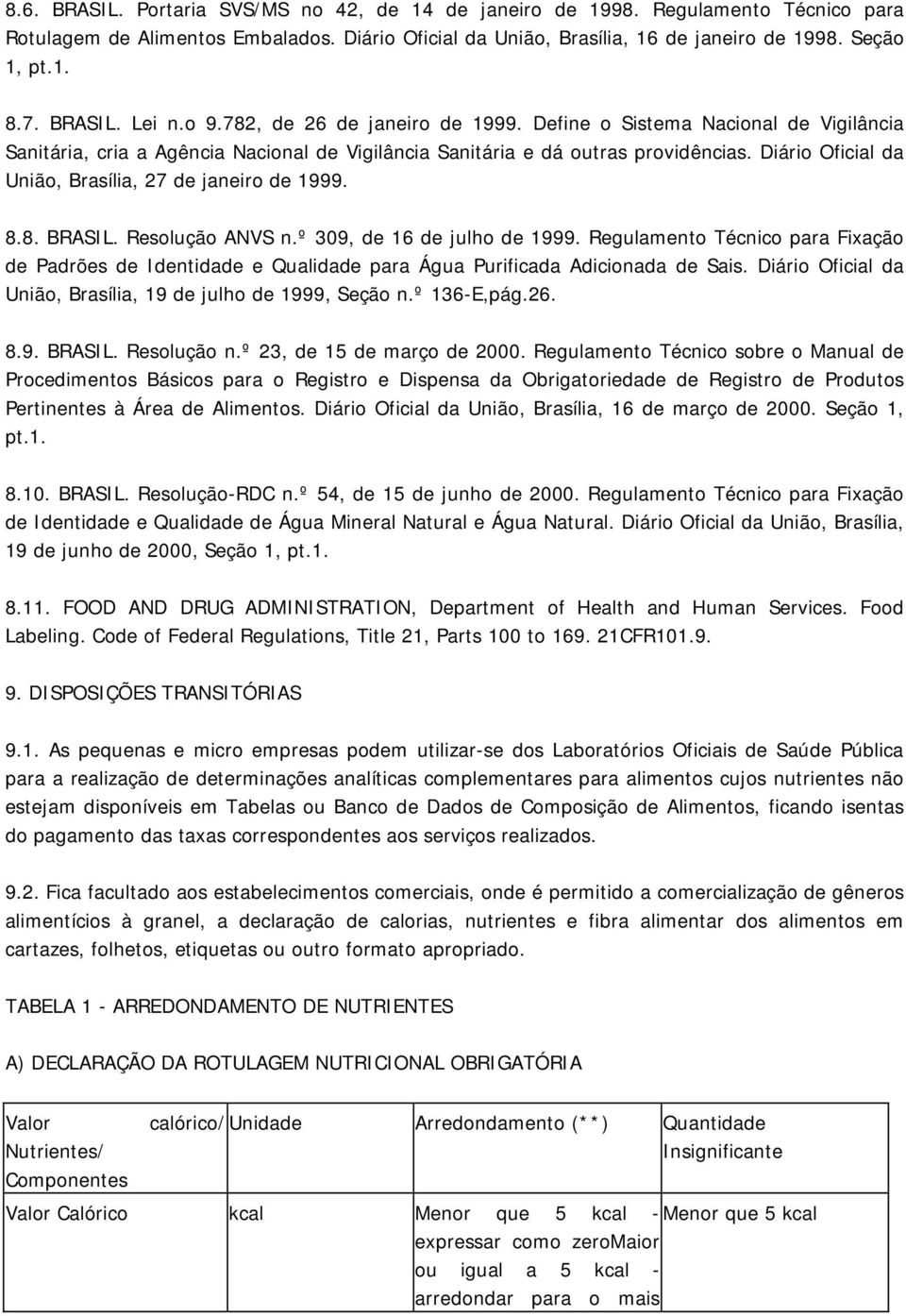 Diário Oficial da União, Brasília, 27 de janeiro de 1999. 8.8. BRASIL. Resolução ANVS n.º 309, de 16 de julho de 1999.