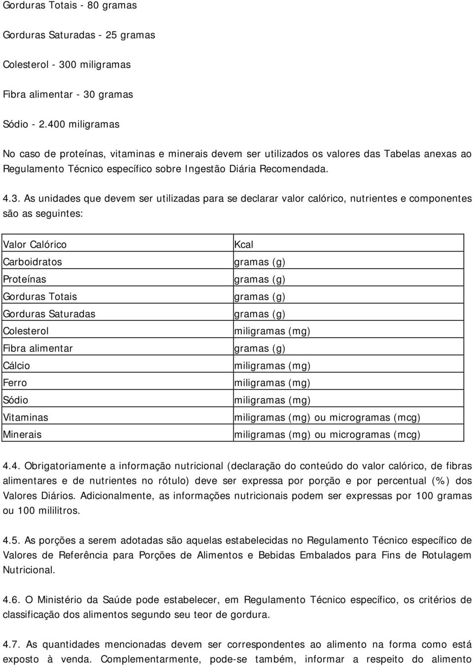 As unidades que devem ser utilizadas para se declarar valor calórico, nutrientes e componentes são as seuintes: Valor Calórico Carboidratos Proteínas Gorduras Totais Gorduras Saturadas Colesterol