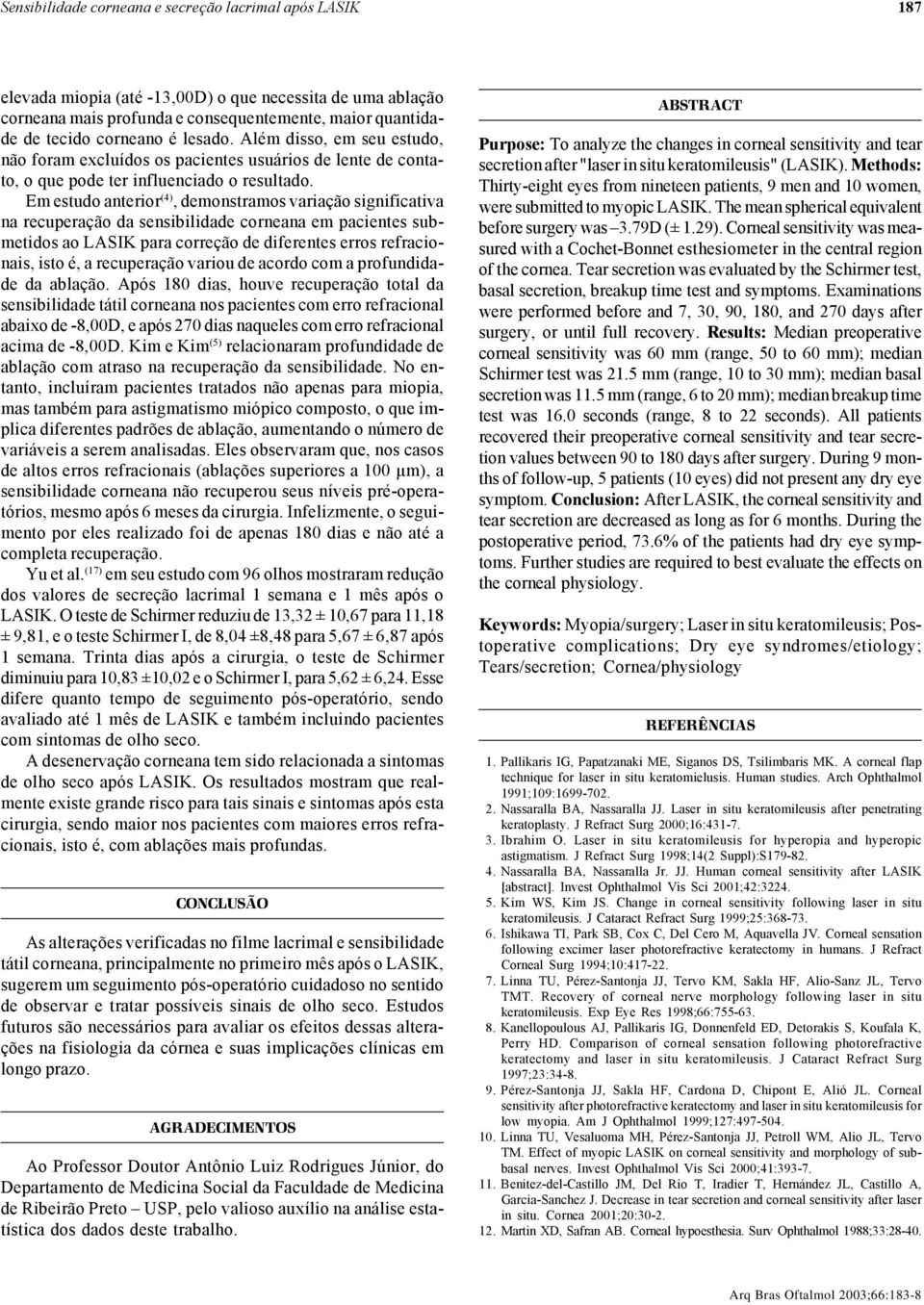 Em estudo anterior (4), demonstramos variação significativa na recuperação da sensibilidade corneana em pacientes submetidos ao LASIK para correção de diferentes erros refracionais, isto é, a