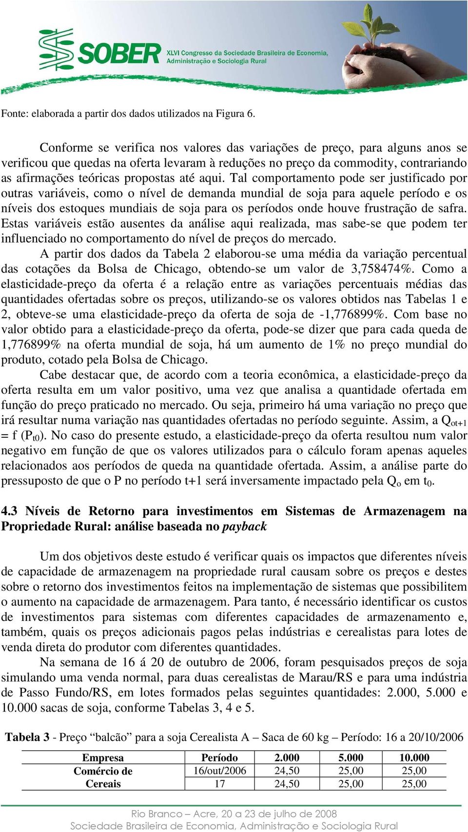 aqui. Tal comportamento pode ser justificado por outras variáveis, como o nível de demanda mundial de soja para aquele período e os níveis dos estoques mundiais de soja para os períodos onde houve