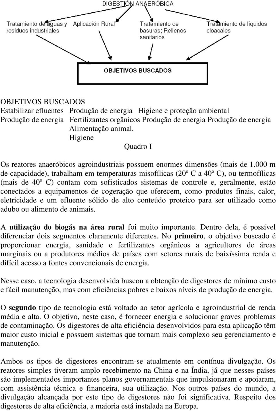 000 m de capacidade), trabalham em temperaturas misofílicas (20º C a 40º C), ou termofílicas (mais de 40º C) contam com sofisticados sistemas de controle e, geralmente, estão conectados a