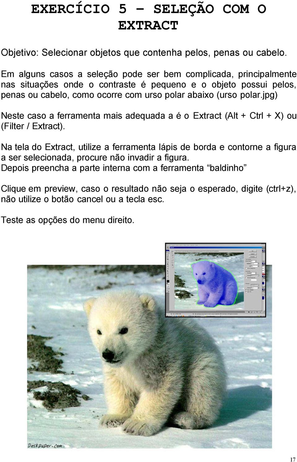 abaixo (urso polar.jpg) Neste caso a ferramenta mais adequada a é o Extract (Alt + Ctrl + X) ou (Filter / Extract).