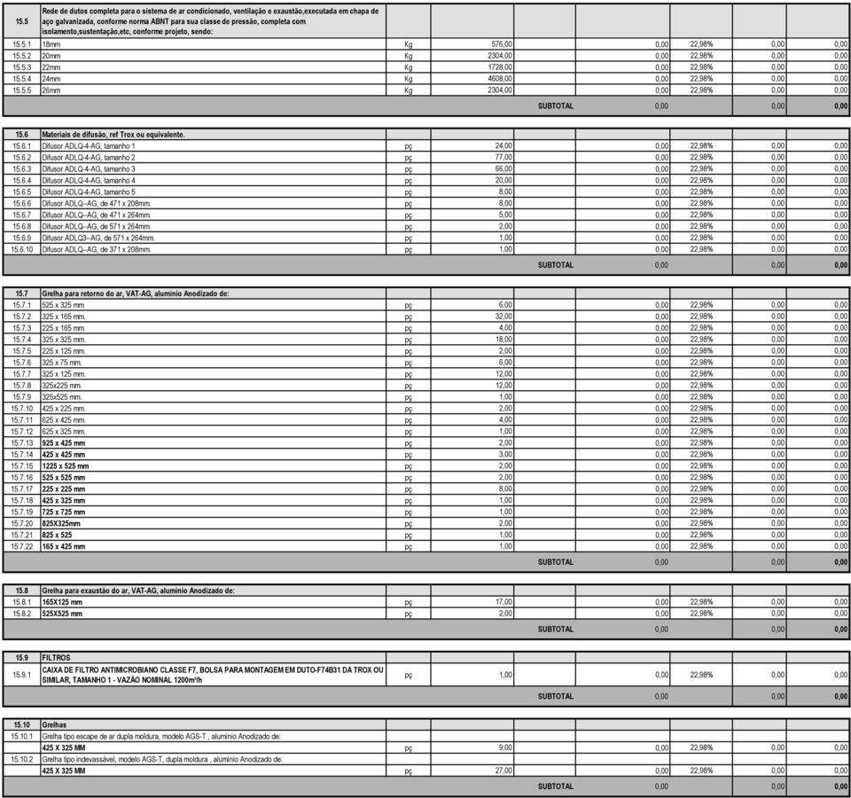 5.5 26mm Kg 2304,00 0,00 22,98% 0,00 0,00 15.6 Materiais de difusão, ref Trox ou equivalente. 15.6.1 Difusor ADLQ-4-AG, tamanho 1 pç 24,00 0,00 22,98% 0,00 0,00 15.6.2 Difusor ADLQ-4-AG, tamanho 2 pç 77,00 0,00 22,98% 0,00 0,00 15.