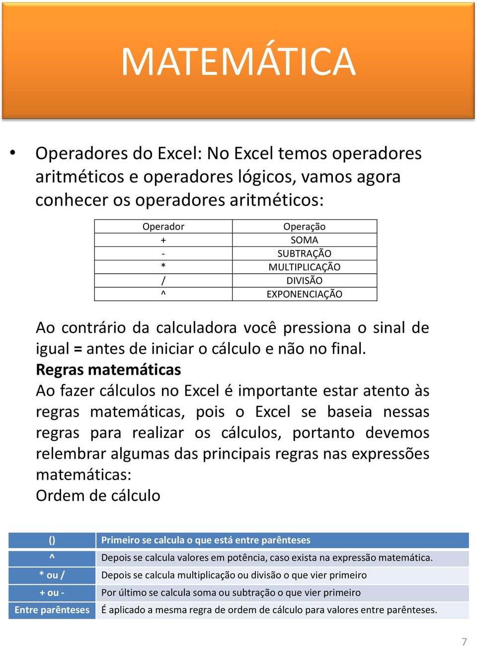 Regras matemáticas Ao fazer cálculos no Excel é importante estar atento às regras matemáticas, pois o Excel se baseia nessas regras para realizar os cálculos, portanto devemos relembrar algumas das
