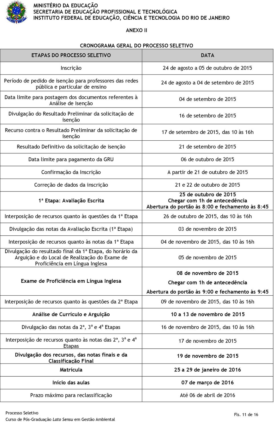 referentes à Análise de Isenção Divulgação do Resultado Preliminar da solicitação de isenção Recurso contra o Resultado Preliminar da solicitação de isenção 24 de agosto a 04 de setembro de 2015 04